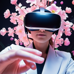 ** A person wearing a futuristic VR headset and haptic suit, reaching out to touch a digital flower blooming in a virtual garden. Soft, ethereal lighting. Focus on the immersive experience and sensory detail.

**