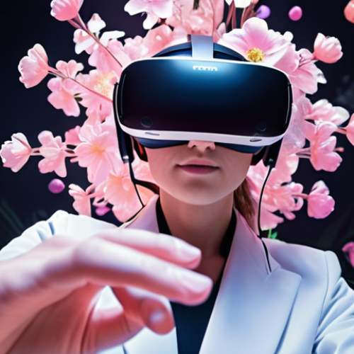 ** A person wearing a futuristic VR headset and haptic suit, reaching out to touch a digital flower blooming in a virtual garden. Soft, ethereal lighting. Focus on the immersive experience and sensory detail.

**