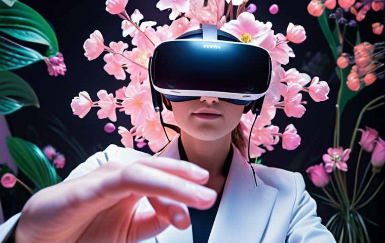 ** A person wearing a futuristic VR headset and haptic suit, reaching out to touch a digital flower blooming in a virtual garden. Soft, ethereal lighting. Focus on the immersive experience and sensory detail.

**